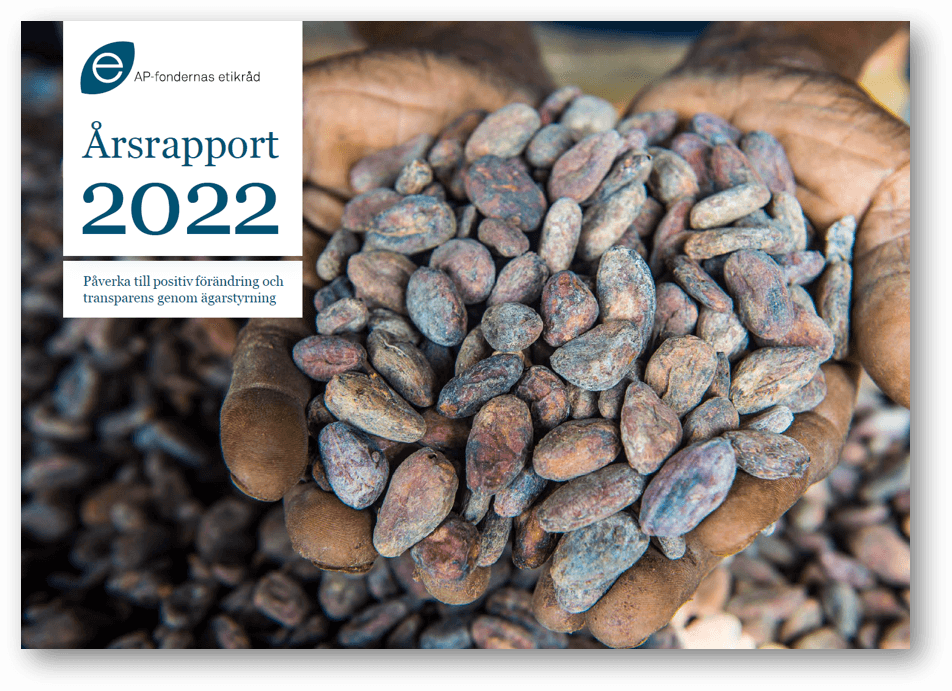 Bild på framsida av Etikrådets årsrapport 2022, en hand som håller i kakaobönor