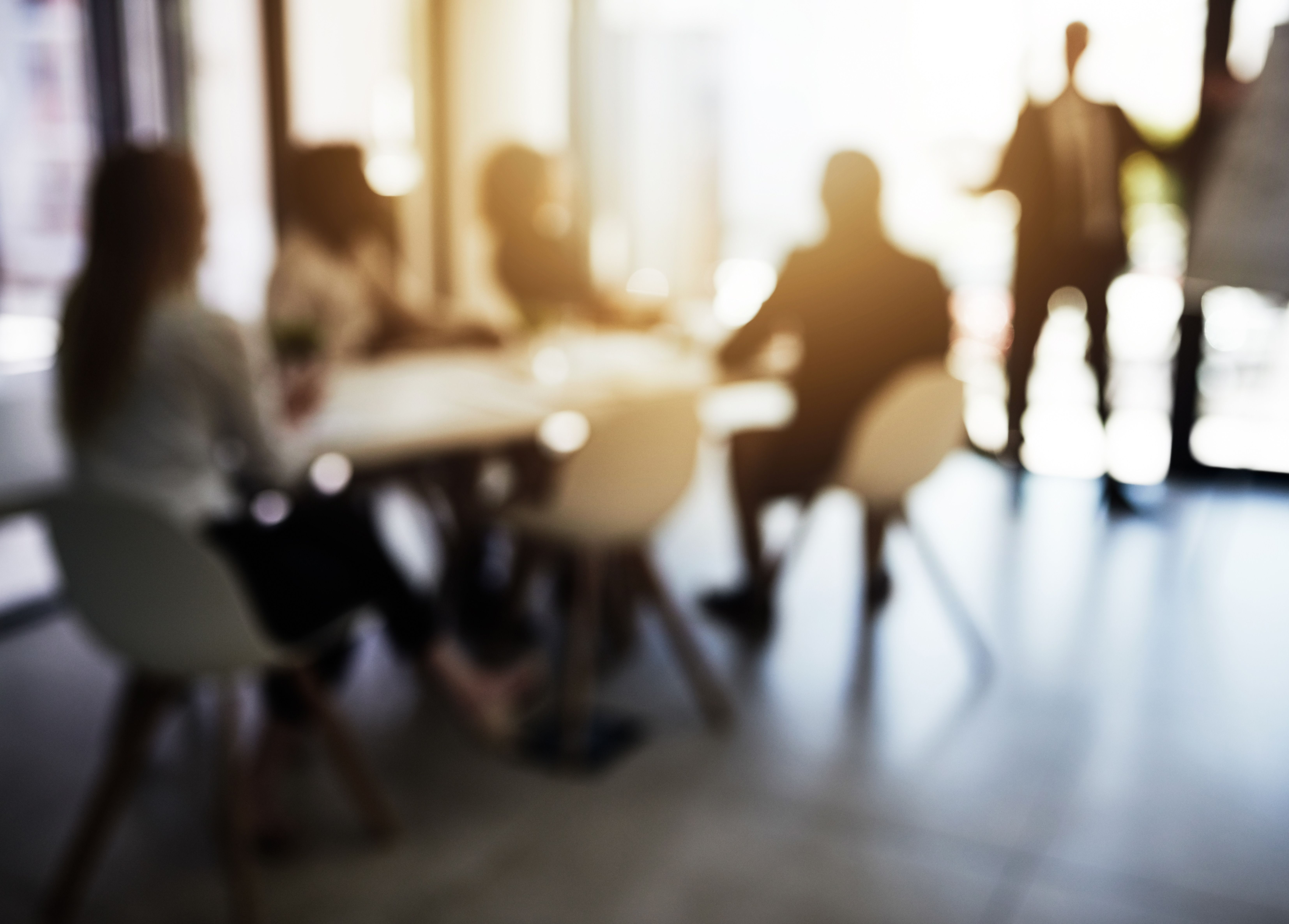Blurred image of a business meeting with silhouettes of people sitting around a table, one person standing and presenting.